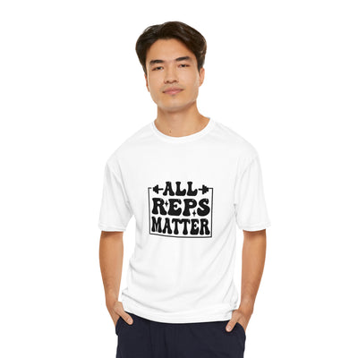 Man wearing Men's White workout t-shirt that says All Reps Matter